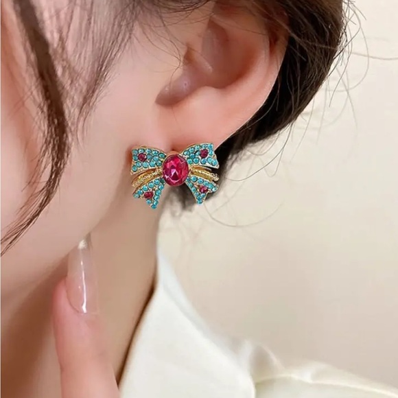 Blue Rhinestone Bow Stud Earrings - Picture 2 of 3